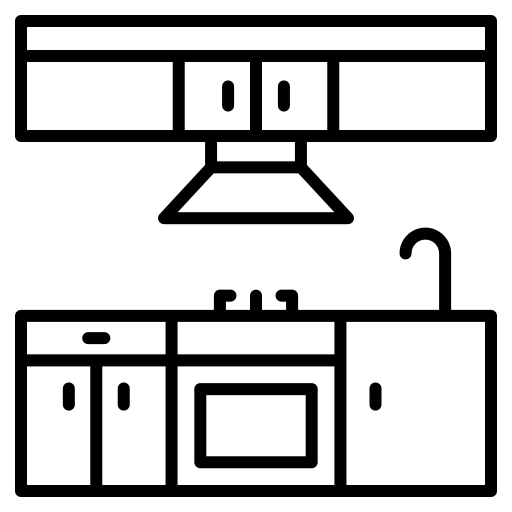 Erfolg – ​​​​Verkauf von HYLA-Produkten – Grundriss mit Küchenlayout und beschrifteten Abschnitten wie Kühlschrank, Arbeitsplatte, Herd, Spüle, Esstisch und Speisekammer.